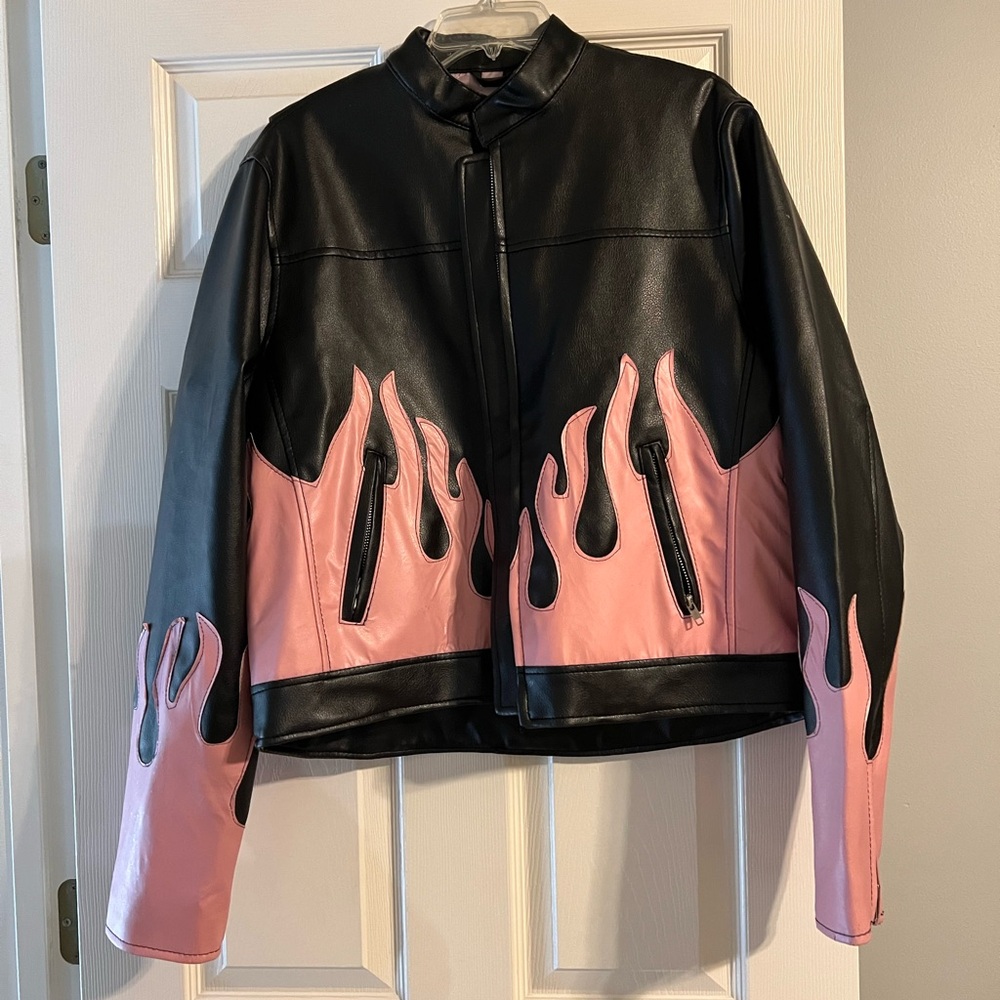 Diamond Plate Pink Flame Vegan Leather Jacket